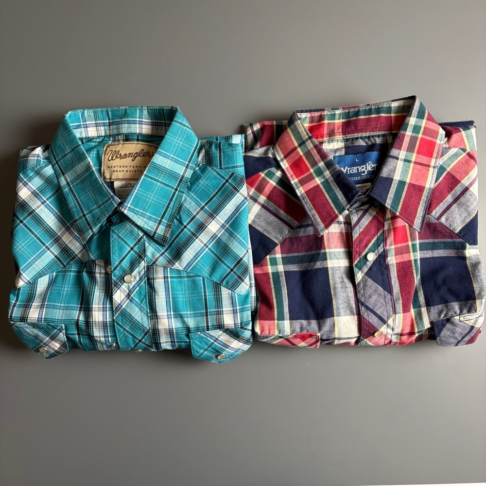 Lot of 2 Wrangler Western Fashion Snap Shirts Mens Large Teal Navy Plaid L/S